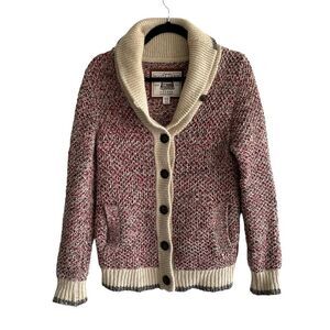 ROOTS Canada Cabin Wool Button Front Shawl Collar Cardigan Sweater Red Cream XS